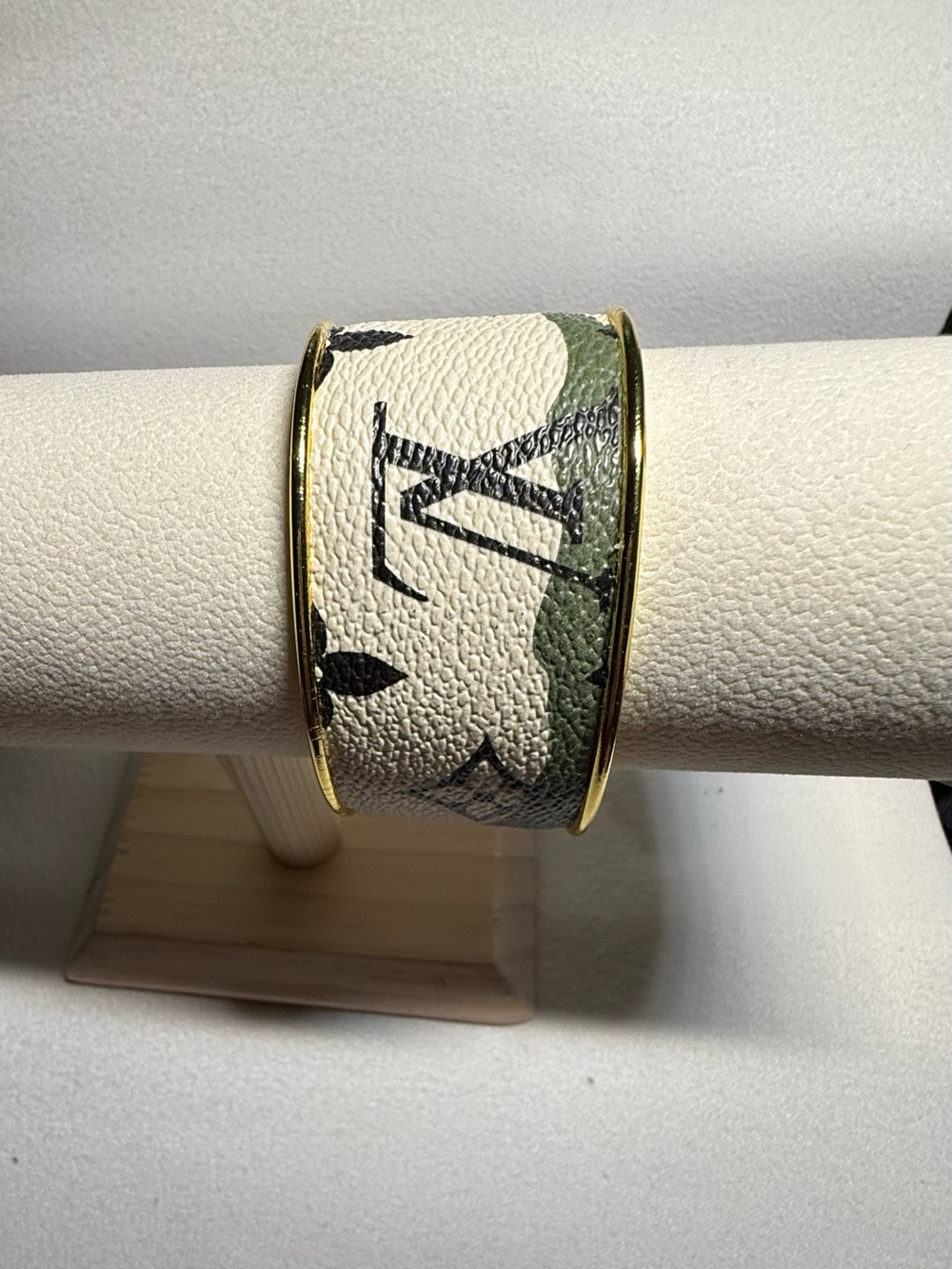 Designer-Inspired White & Green Monogram Cuff Bracelet